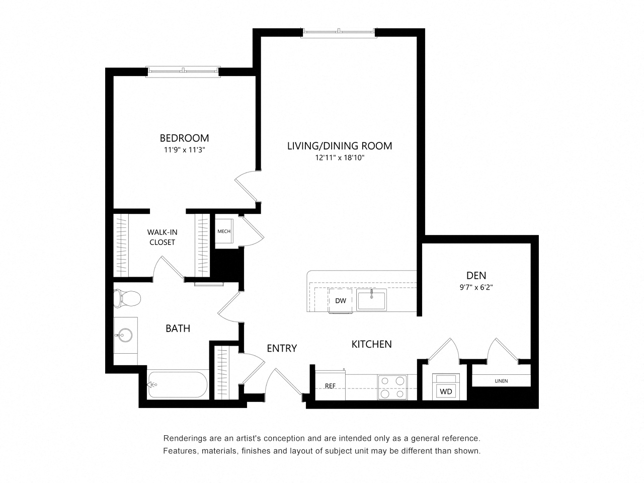 Floor plan for 1 bed, 1 bath, 894 sqft